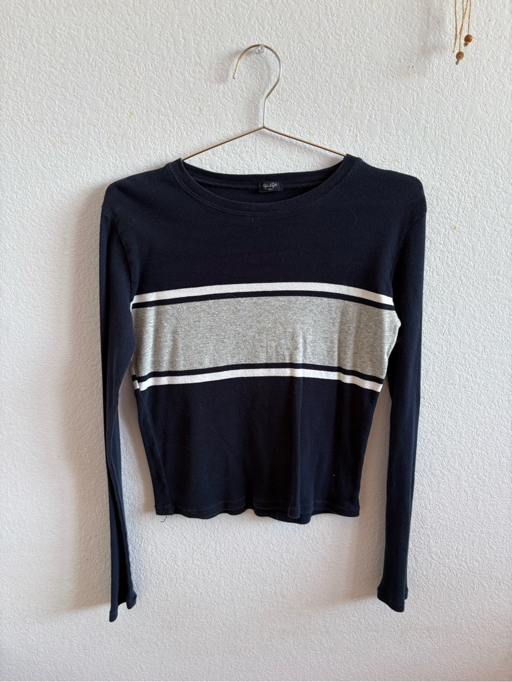 Brandy Melville Navy Long-Sleeve Crew with Gray Stripe